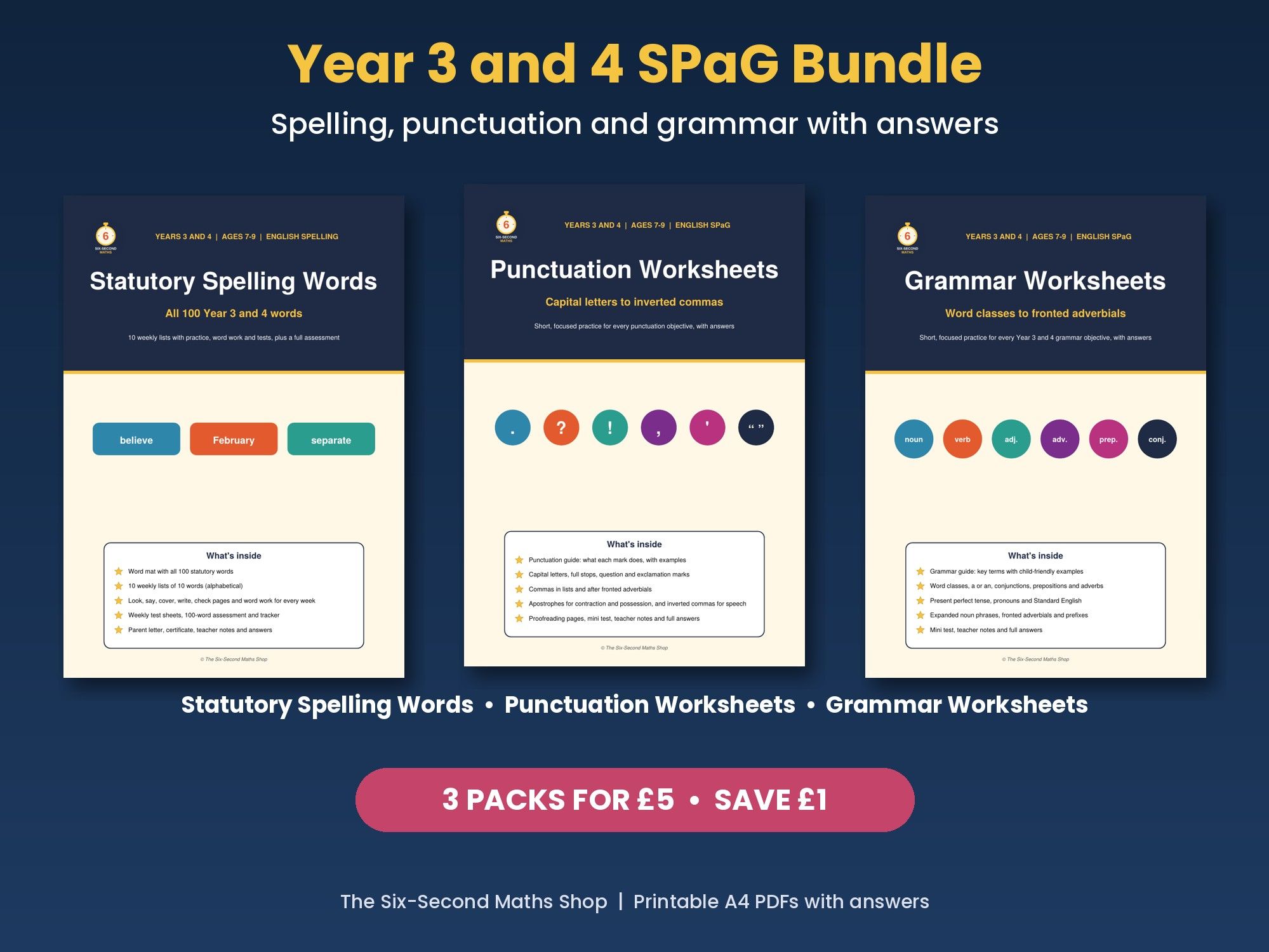 Year 3 and 4 SPaG Bundle - Spelling, Punctuation and Grammar Worksheets