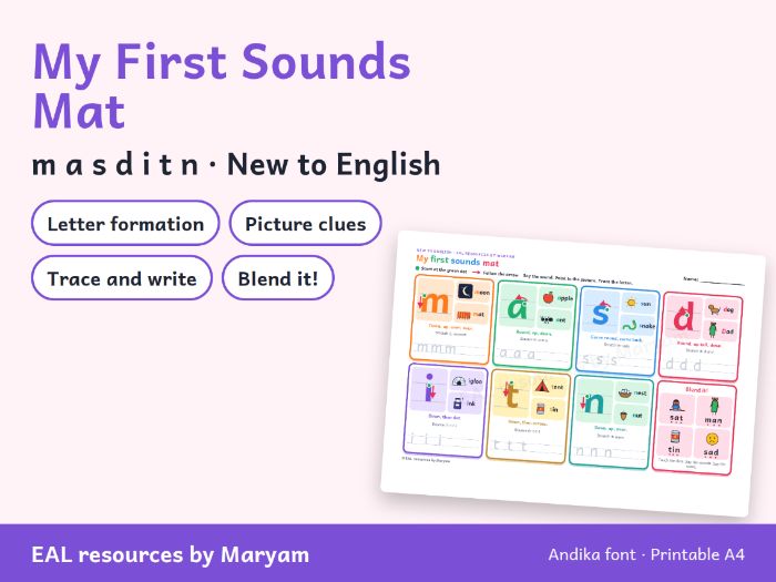 First Sounds Mat: m a s d i t n – EAL Phonics and Letter Formation