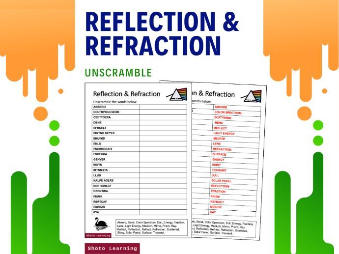 REFLECTION AND REFRACTION SCIENCE ACTIVITY SCRAMBLE WORDS UNSCRAMBLE