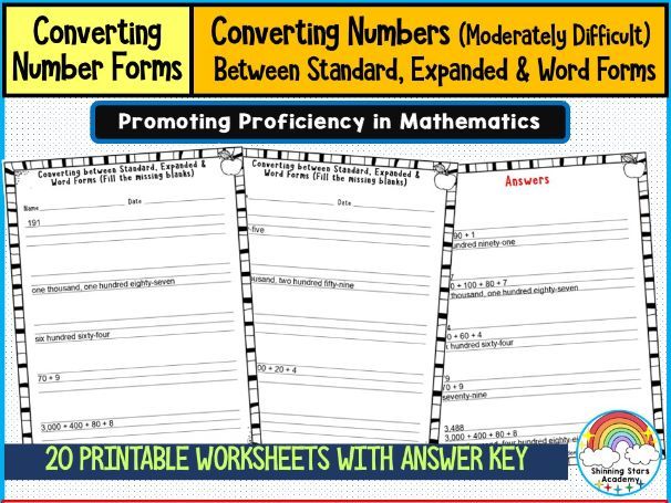 Converting Between Standard, Expanded, and Word Forms of Numbers (Moderately Difficult) Worksheets