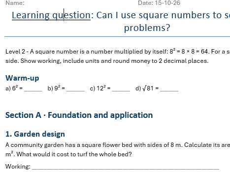 Functional Skills Maths Level 2 Square Numbers workbook