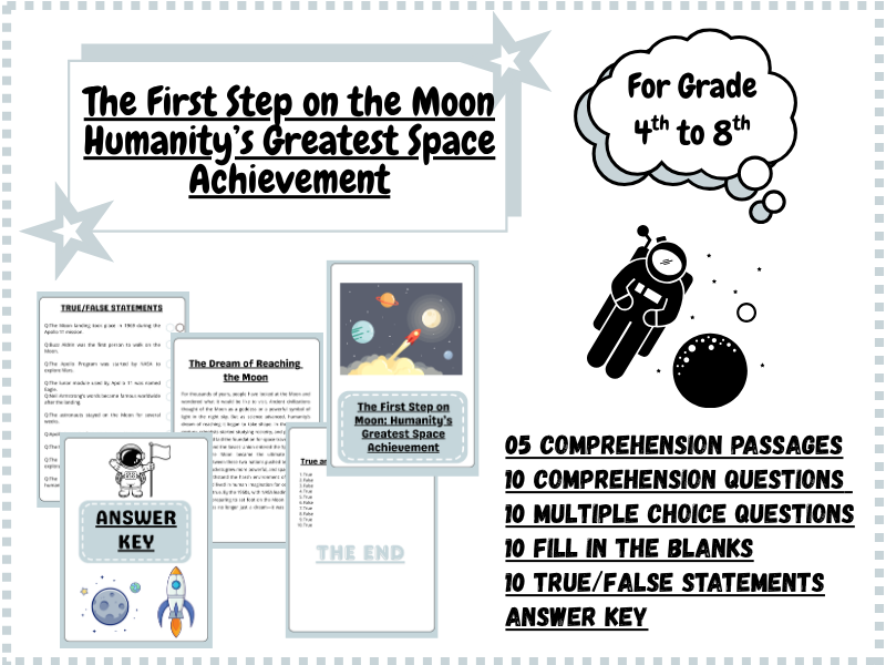 "Grade 4-8 Space Achievement Reading Comprehension Passages & Questions | Moon Landing Activity"
