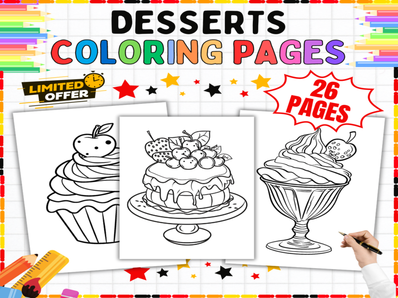 Desserts Coloring Pages | Sweet Treats Art Activity Worksheets for Kids | Fine Motor Skills Practice
