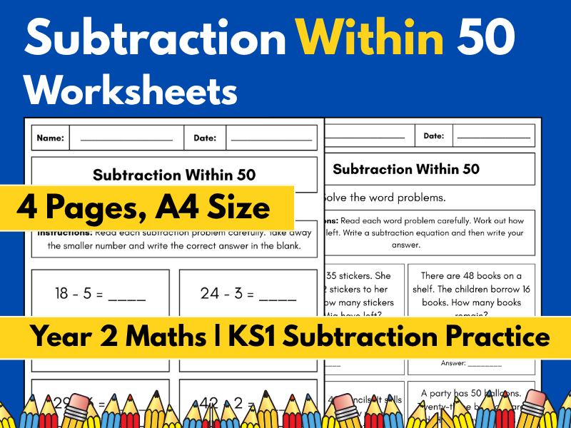 Subtraction Within 50 Worksheets | Year 2 Maths | KS1 Subtraction Practice & Word Problems