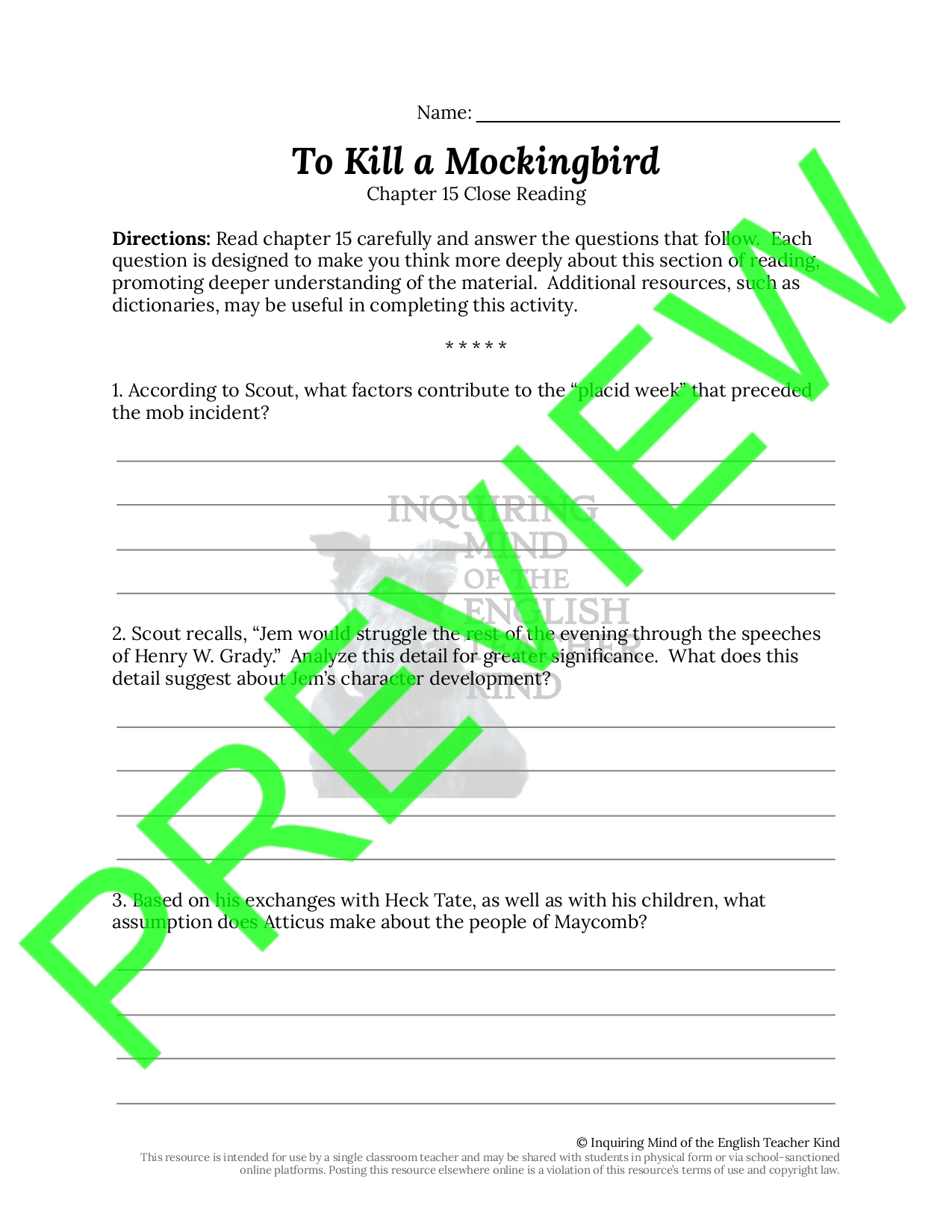 To Kill A Mockingbird Worksheets