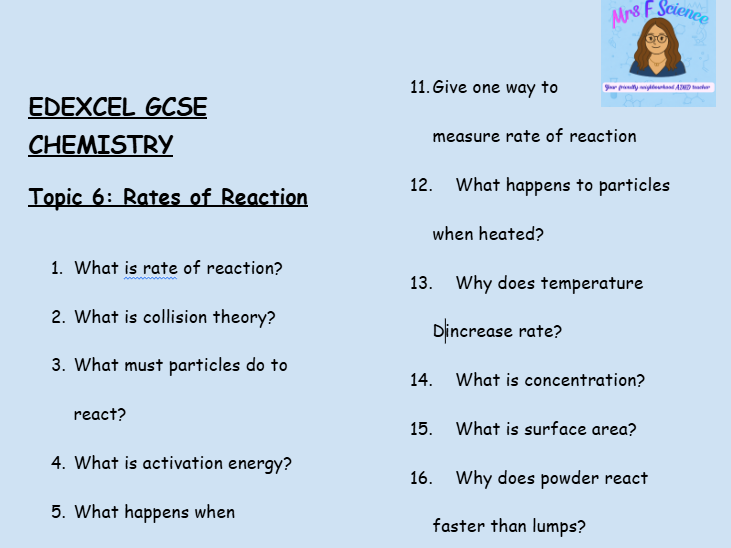 GCSE Edexcel Chemistry – Rates of Reaction Worksheet (30 Low-Stakes Questions + Answers)