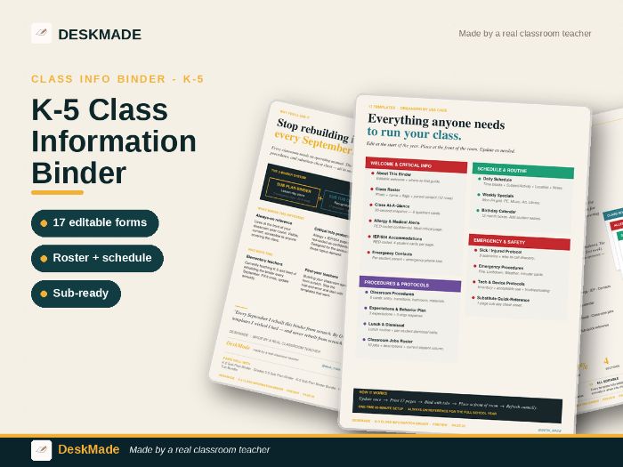 K-5 Class Information Binder | 17 Editable Forms | Roster Allergy Schedule