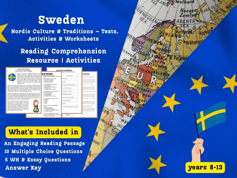 Sweden Reading Comprehension Pack: Nordic Culture & Traditions – Texts, Activities & Worksheets