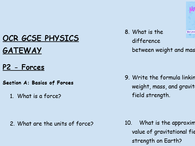 OCR GCSE Physics P2 Retrieval Practice: Forces, Motion, and Pressure - PDF WITH ANSWERS