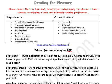 Reading for Pleasure Ideas Handout