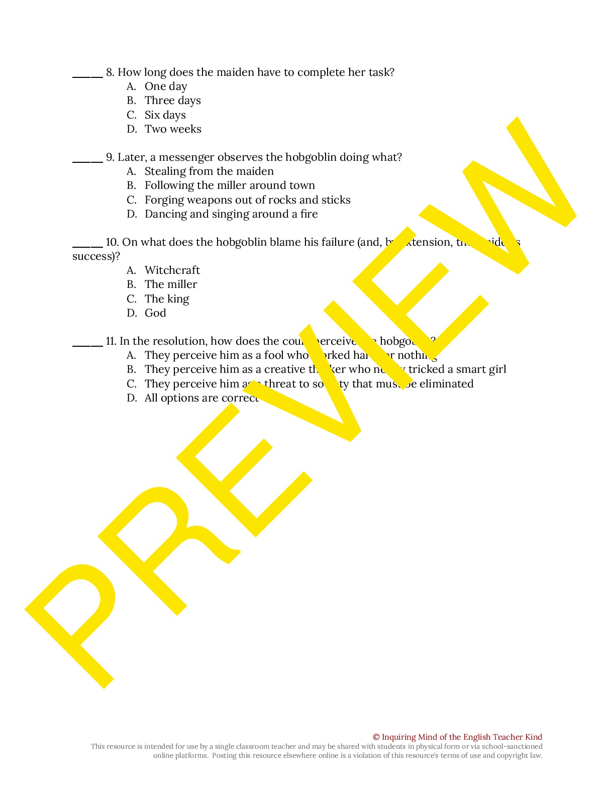 "Rumpelstiltskin" by the Brothers Grimm Quiz Teaching Resources