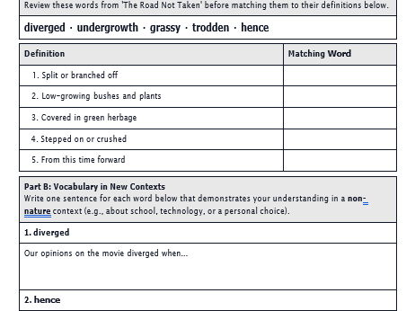 Road not Taken Vocabulary