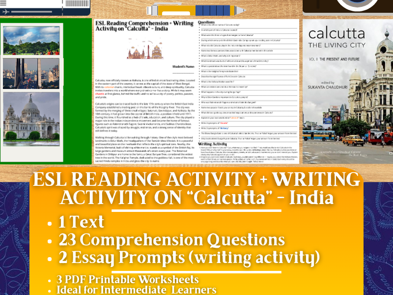 ESL Reading Comprehension + Writing Activity Worksheets on Calcutta - India