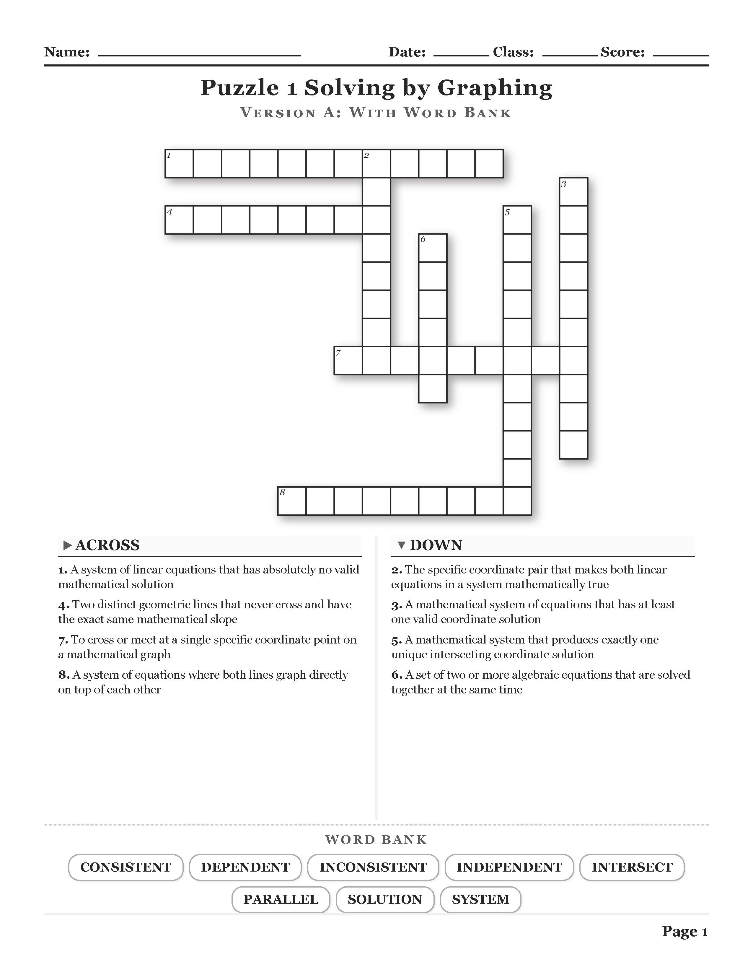 Algebra 1 Systems of Linear Equations and Inequalities Crosswords with ...