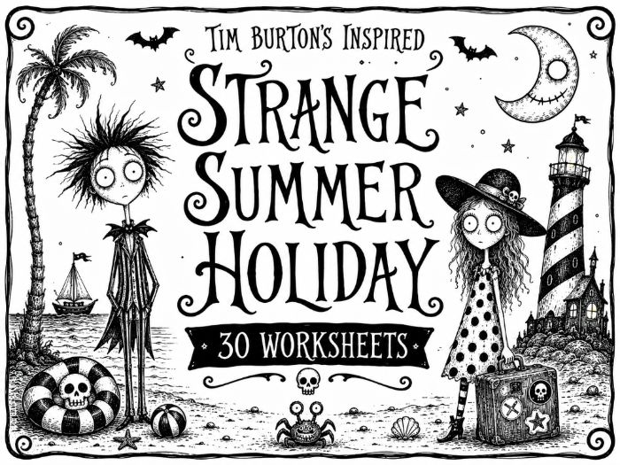 Tim Burton Inspired Strange Summer Holiday Art Worksheets Bundle | 30 KS2 KS3 Drawing Challenges & C