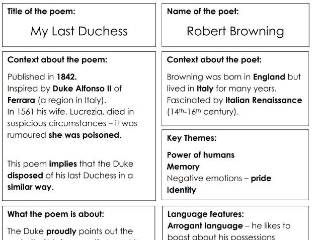 My Last Duchess Poetry Revision Sheet AQA Power and Conflict