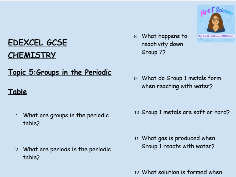 GCSE Edexcel Chemistry – Groups in the Periodic Table Worksheet (30 Questions + Answers)
