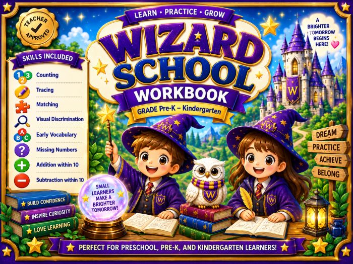 Wizard School Worksheets | PreK Kindergarten Math & Literacy Learning Activities