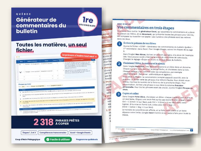 French Report Card Comments Québec Secondary I | Bulletin 1re secondaire