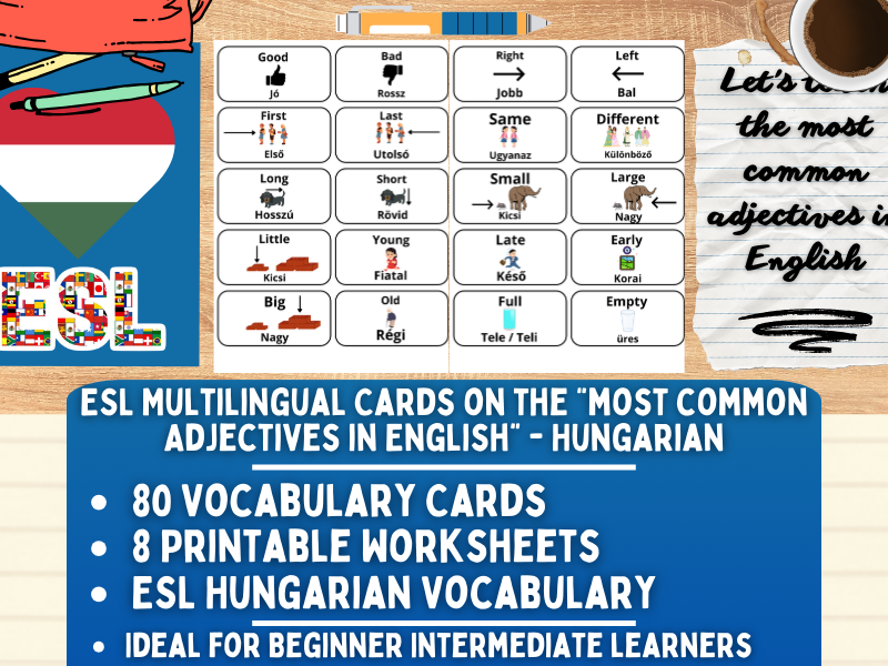 ESL Multilingual Vocabulary Flashcards - Most Common Adjectives - Hungarian