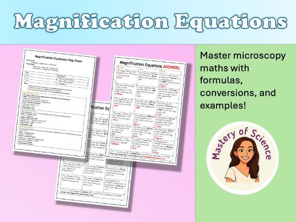 Maths microscopy / magnification equations worksheets (with help sheet)
