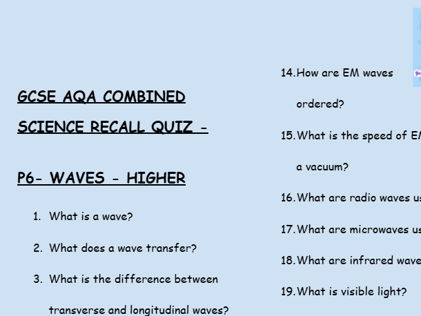 GCSE Physics P6 Waves – 30 Higher Retrieval Questions | AQA | Low-Stakes Quiz + Answers