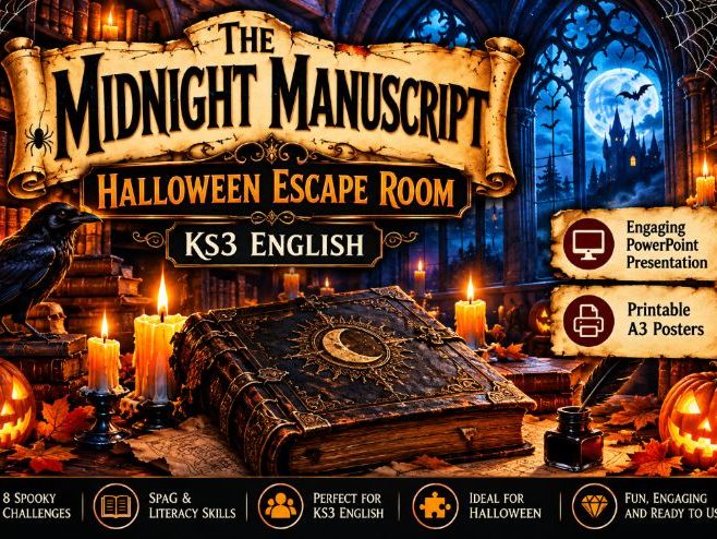 Halloween Escape Room KS3 English | 8 SPaG & Literacy Challenges | PowerPoint & Printable Poster