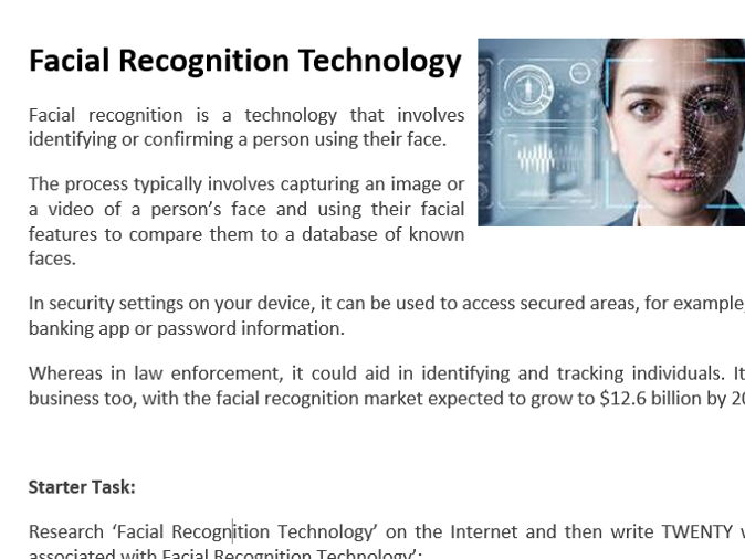KS3 Computing Cover Lesson – Facial Recognition Technology + Extension Task | Year 9 |