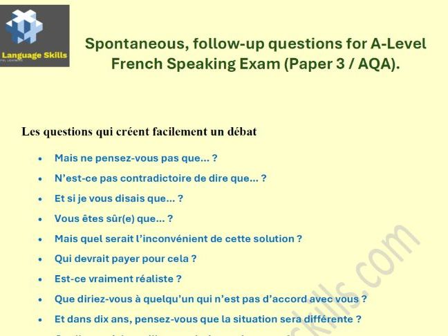 A-Level French - Dealing with Spontaneous Questions Toolkit