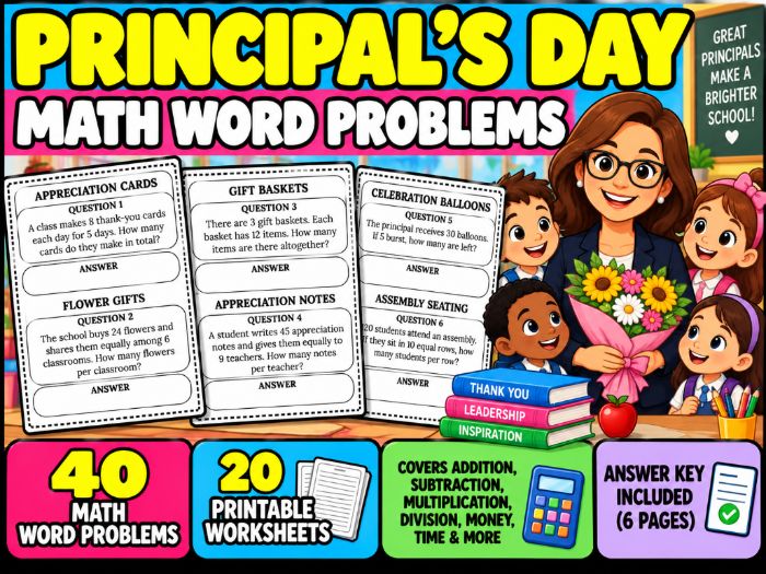 Principal's Day Math Word Problems | 40 Worksheets with Answer Key