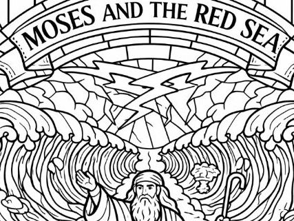 Old Testament Moses and the Red Sea Stained-Glass Window Style Colouring Page