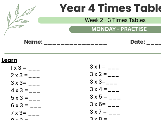 Year 4 Times Table practise Week 2: 3x