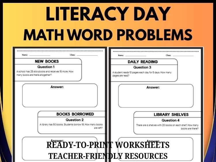 International Literacy Day Math Word Problems | 40 Questions | Grades 2–8