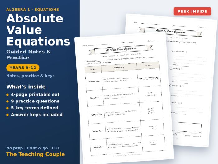 Absolute Value Equations Sketch Notes & Practice + Answer Keys
