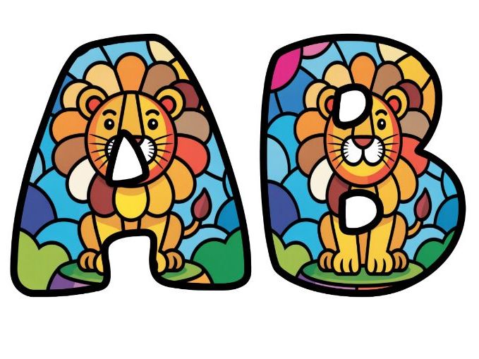 Cute Stained Glass Lion Art Lettering Set for Classroom Display | Upper & Lowercase, 0-9 and Signs