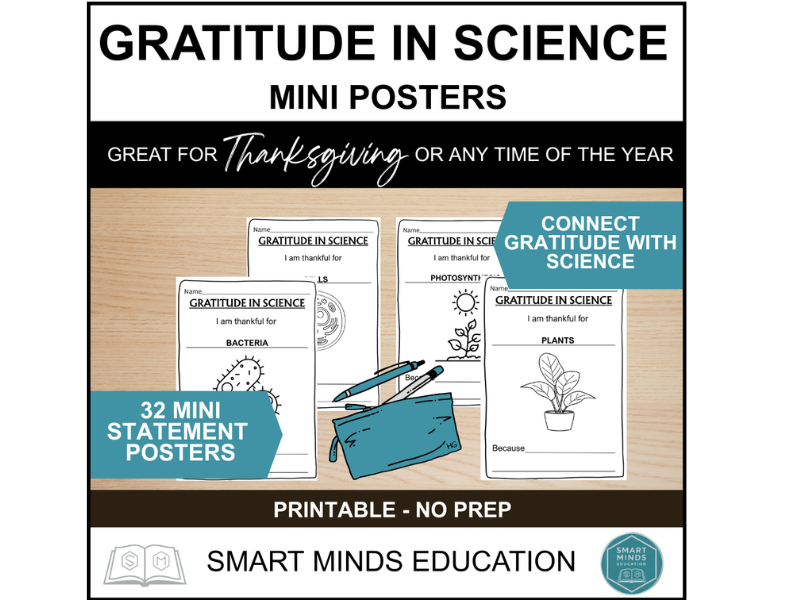 MINI GRATITUDE IN SCIENCE POSTERS | SCIENCE CLASSROOM DECOR | THANKSGIVING