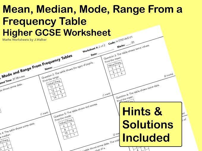 GCSE Maths Worksheet: Mean, Median, Mode, Range From a Frequency Table- Higher Tier