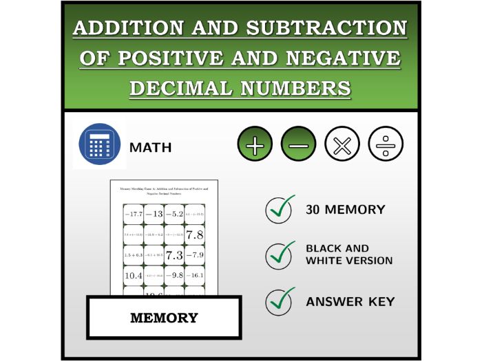 Memory Matching Game | Addition and Subtraction of Positive and Negative Decimal Numbers | Math Acti