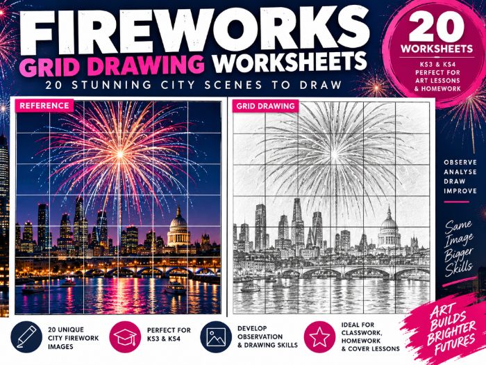 Fireworks Grid Drawing Worksheets | 20 Cityscape Art Activities | KS3 & KS4 | Bonfire Night Art