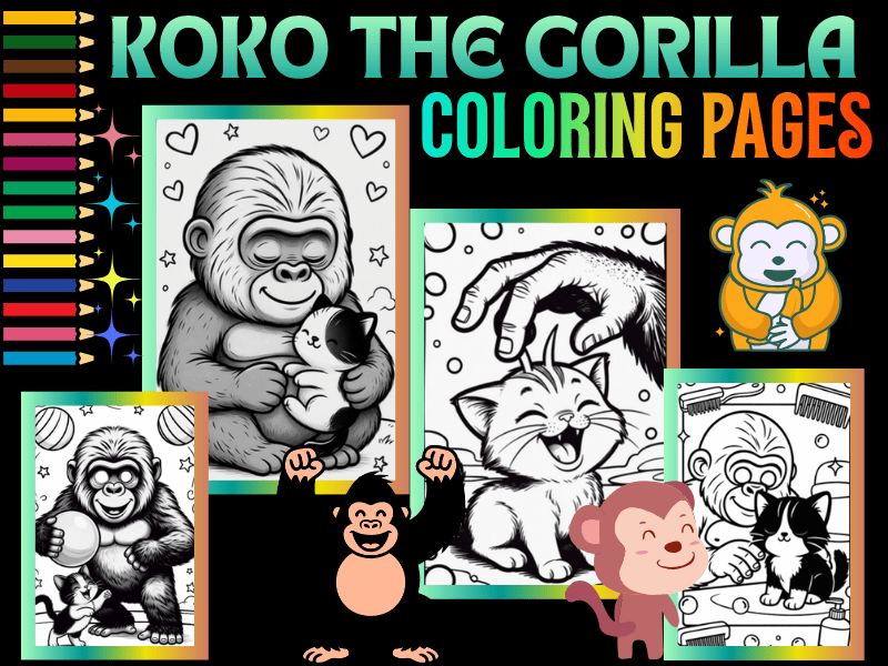Koko the Gorilla and Her Kittens Coloring Pages for Kids | Fun Animal Activities