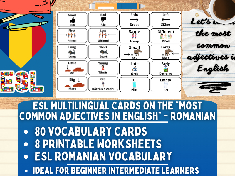 ESL Multilingual Vocabulary Flashcards - Most Common Adjectives - Romanian