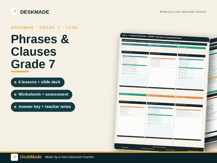 Grade 7 Grammar Unit | Phrases & Clauses | Function & Choice | 6 Lessons | CCSS