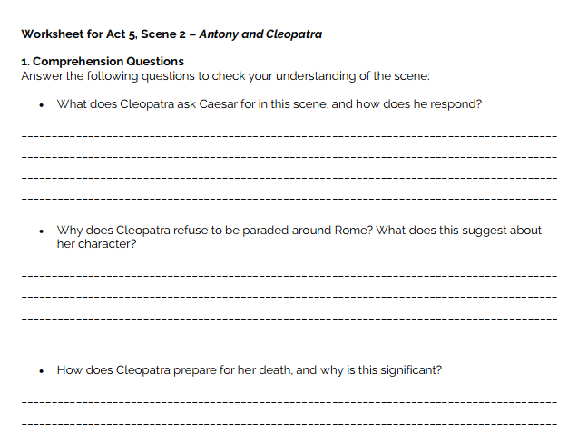 Antony and Cleopatra-Key Scenes Analysis Worksheets