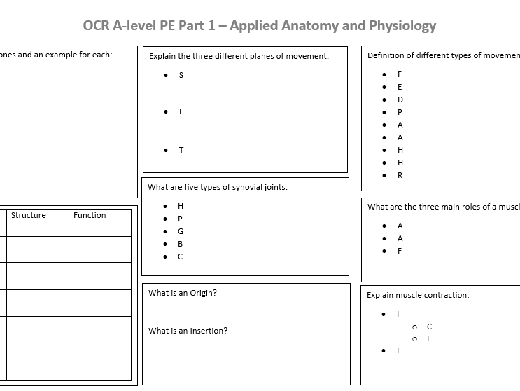 OCR A-level PE Part 1 (1.1 and 1.2) Applied Anatomy and Physiology Revision and Task Sheets
