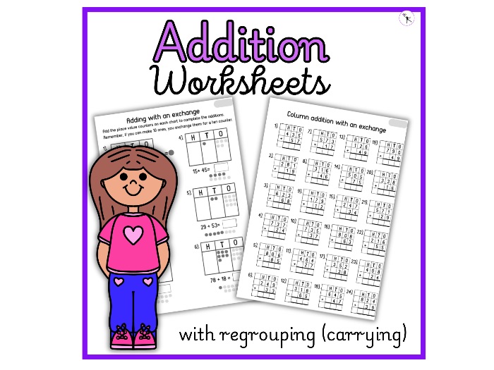 Addition with regrouping worksheets for Homeschool and Elementary Math Centers