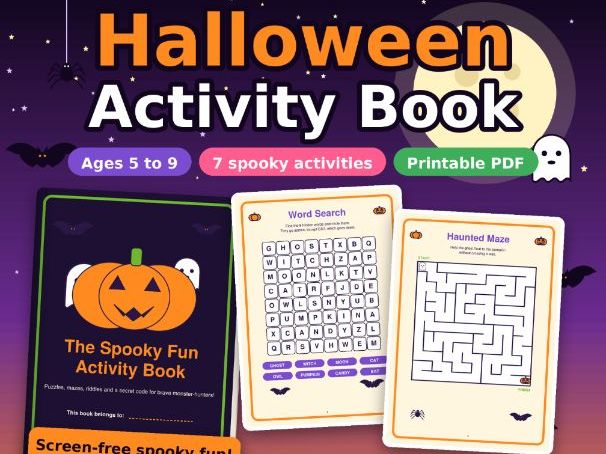 Halloween Activity Book for Kids | Printable PDF | Word Search, Maze, Riddles, Secret Code