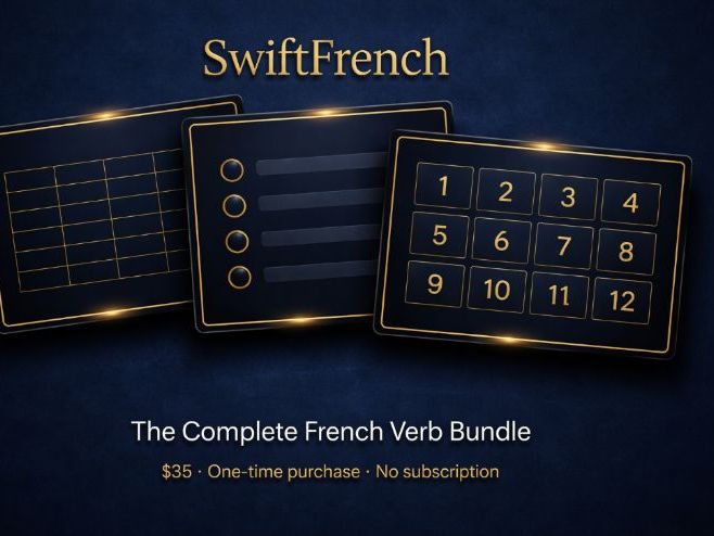 French Verb Engine + Self-Grading Quiz Suite (21 Verbs, 7 Tenses)