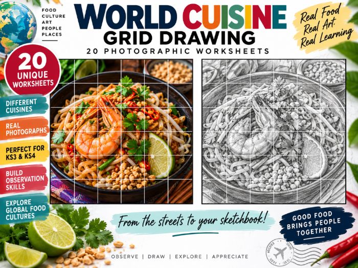 World Cuisine Grid Drawing Worksheets | 20 Real Food Photography Art Activities | KS3 KS4