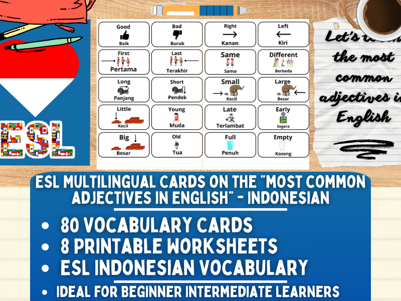 ESL Multilingual Vocabulary Flashcards - Most common adjectives - Indonesian