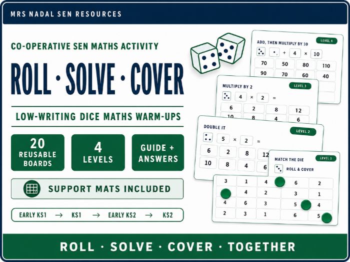 Roll, Solve and Cover | Co-operative SEN Maths Activity | 20 Boards | 4 Levels